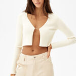 Ribbed V-Neck Cardigan With Rhinestone Detail